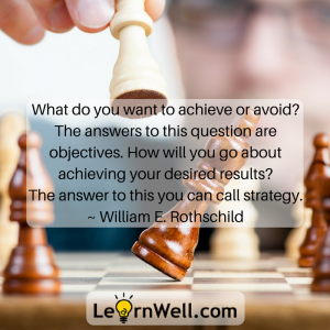What do you want to achieve or avoid? The answers to this question are objectives. How will you go about achieving your desired results? The answer to this you can call strategy. ~ William E. Rothschild